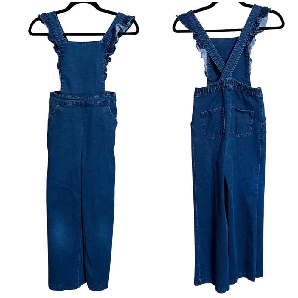 Girls' Dark Blue Denim Ruffle-Strap Overalls